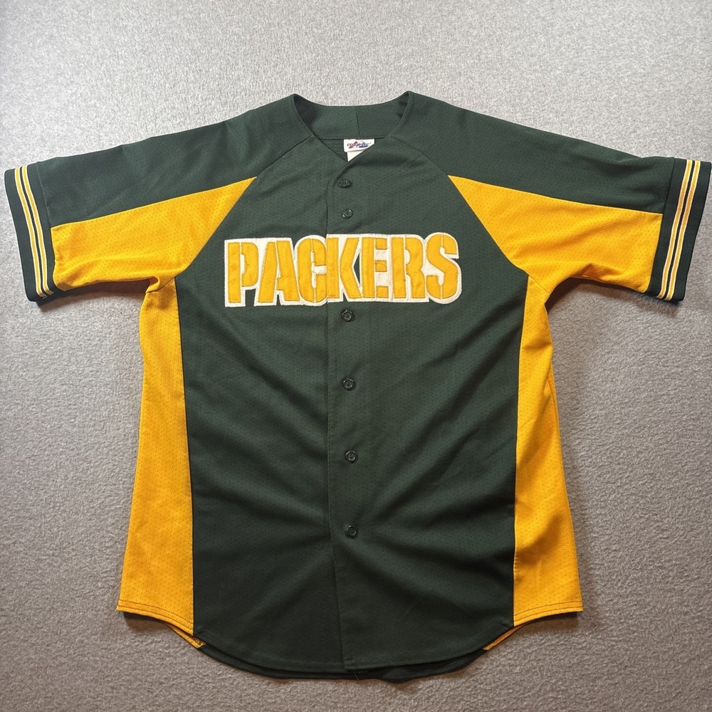 Vintage 90s Majestic Green Bay Packers Baseball Style Jersey Sz L Green Gold USA